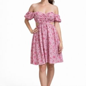 Jera Premium Pink Floral Off Shoulder Cutout Dress S–M EUC